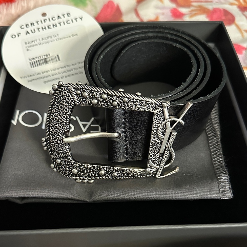 YSL Calfskin Monogram Cheyenne Belt 85cm with Silver Hardware